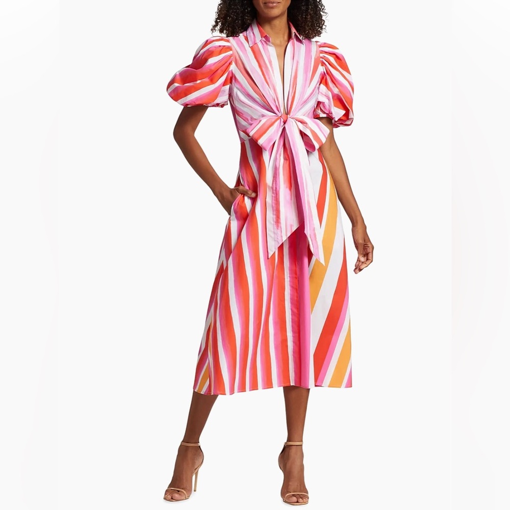 Silvia Tcherassi Pavia Striped Cotton Tie-Waist Puff Sleeve Shirtdress XS NWT